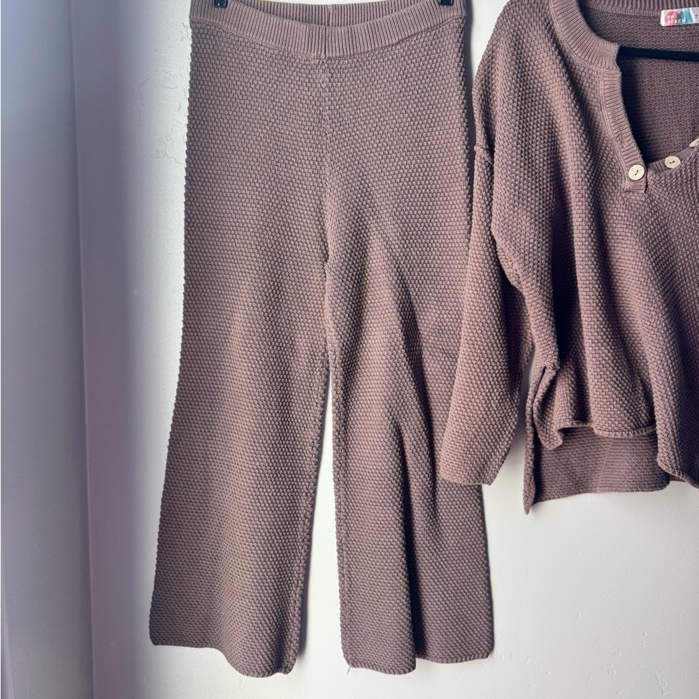 Free Peopl Hailee Sweater Set Waffle Knit  XS Cozy Henley Wide Leg Pant Beach - Picture 10 of 11